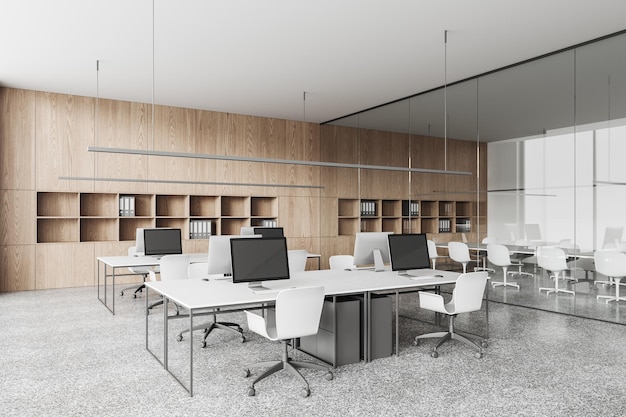 Stijlvol business room interieur met werkruimte en vergaderhoek