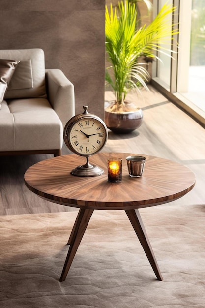 stijlvol concept van woonkamer interieur met kleine walnoot tafel