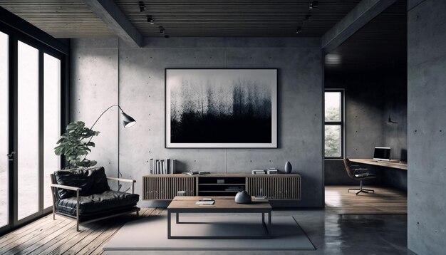 Stijlvol donker interieur met zwart lederen fauteuil paneel betonnen muur en houten vloer Generatieve AI