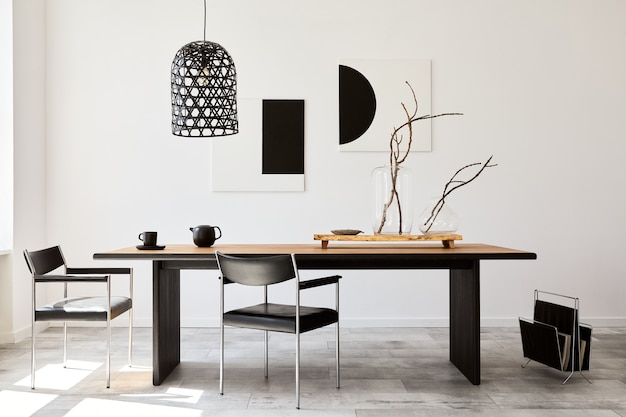 Stijlvol eetkamerinterieur met design houten familietafel, zwarte stoelen, theepot met mok, mock-up kunstschilderijen aan de muur en elegante accessoires in modern interieur. sjabloon.