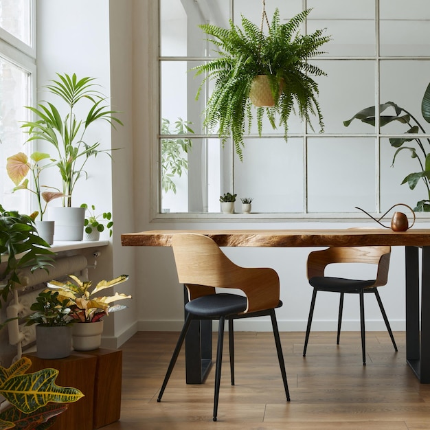 Stijlvol en botanie interieur van eetkamer met design ambachtelijke houten tafel, stoelen, een heleboel planten, raam, posterkaart en elegante accessoires in modern interieur. sjabloon.