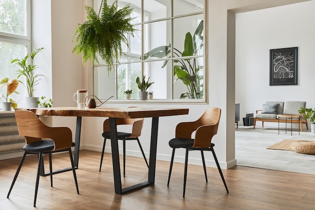 Stijlvol en botanisch interieur van eetkamer met ambachtelijke houten designtafel, stoelen, meubels, veel planten, raam, posterkaart en elegante accessoires in een modern interieur