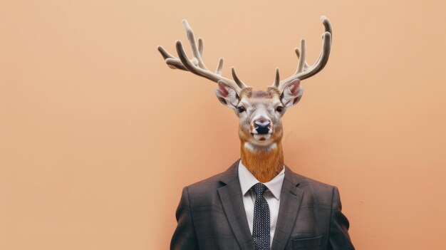 Foto stijlvol en elegant anthromorphic karakter van een hert in een formeel zakenpak met elegante gewei op pla
