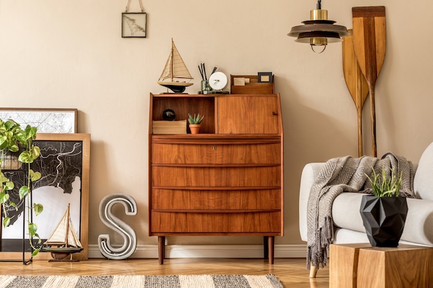 stijlvol en vintage interieur met houten retro kastsjabloon modern vintage interieur