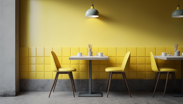 Stijlvol geel interieurcafé met modern meubilair Generatieve AI