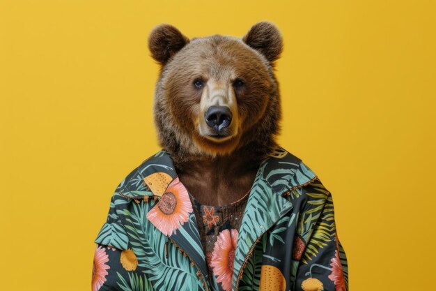 Stijlvol gekleed beer poseert in trendy kleding tegen een gele achtergrond met ruimte-elementen