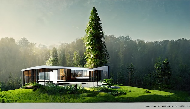 Stijlvol glazen huis in het bos 3d illustratie 3d render