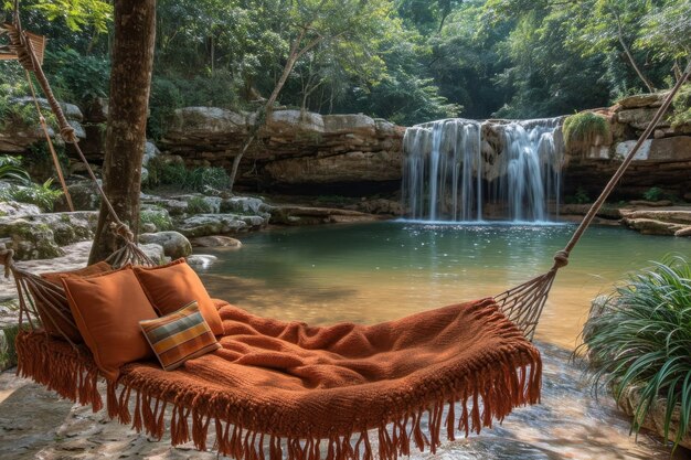 Stijlvol interieur met een hangmat op de achtergrond van een meer met een waterval