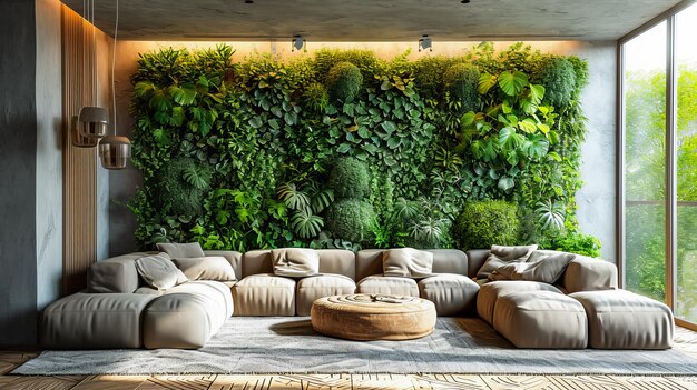 Stijlvol interieur met planten Comfortabele woonkamer met groene muur