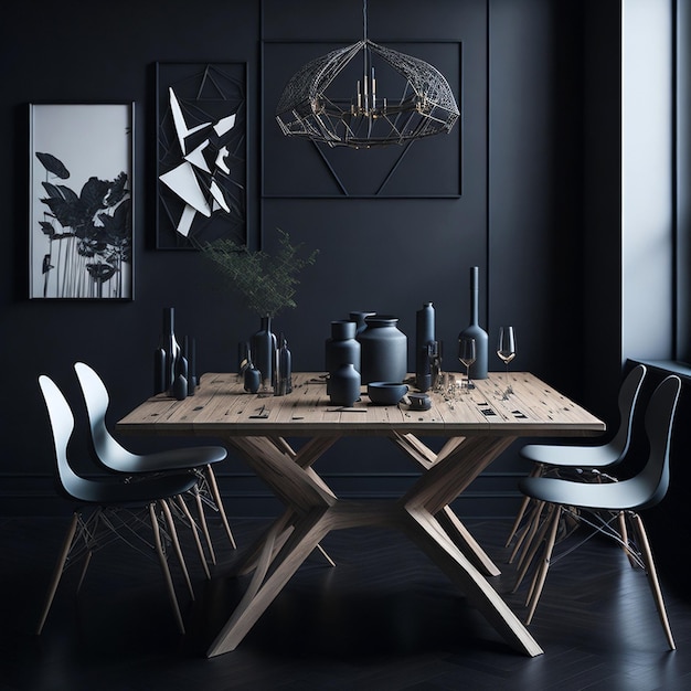 Stijlvol interieur van de eetkamer met ontwerp ambachtelijke houten tafel stoelen elegante accessoires met mode