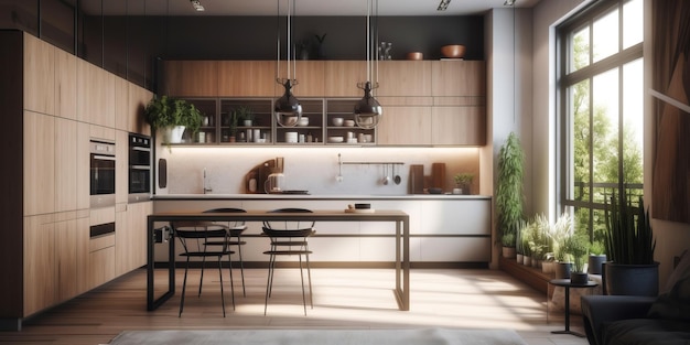 Stijlvol interieur van de keuken in een modern huis in Scandi-stijl