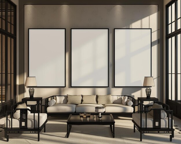 Stijlvol interieur van een heldere woonkamer met zwarte bank en fauteuil vloerlamp en koffietafel met decoratie Moderne ontwerpkamer met helder daglicht 3d-rendering