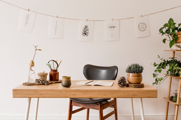 Stijlvol interieur van thuiskantoorruimte met houten bureau, bosaccessoires, avocadoplant, bamboeplank, planten en rotandecoratie. Neutrale woondecoratie.