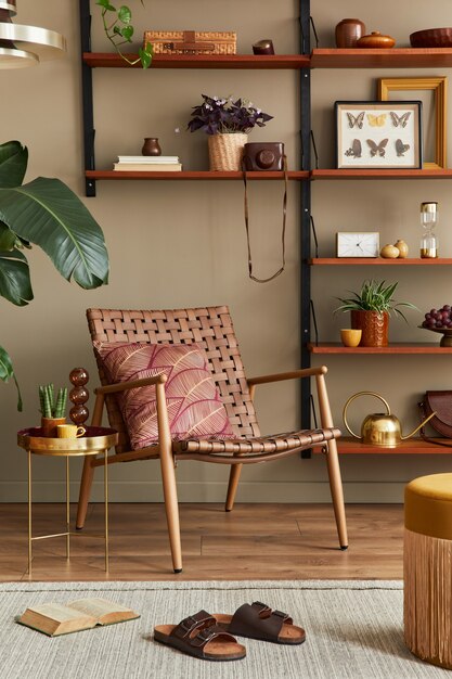 Stijlvol interieur van woonkamer met rotan fauteuil, houten boekenkast, planten, poef, fotolijst, tapijt, decoratie en elegante accessoires in woondecoratie. Sjabloon.