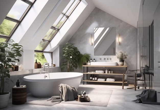 Stijlvol interieurontwerp van de badkamer met marmeren panelen Badkuiphanddoeken en persoonlijke badkameraccessoires