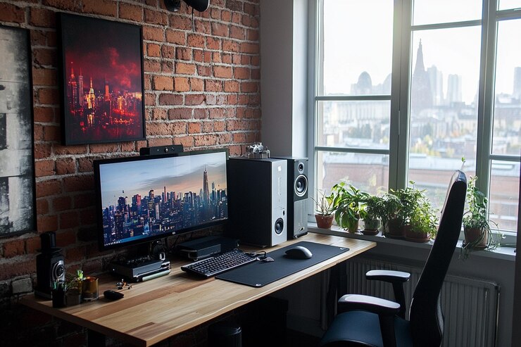 Foto stijlvol kantoor thuis met hightech apparatuur voor co