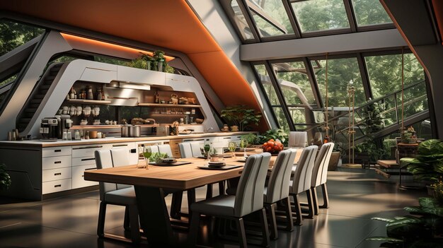 Foto stijlvol keukeninterieur met bar-eiland en stoel zijkant op grijze betonnen vloer keukengerei en decoratie kookruimte met panoramisch raam op de tropen 3d-rendering