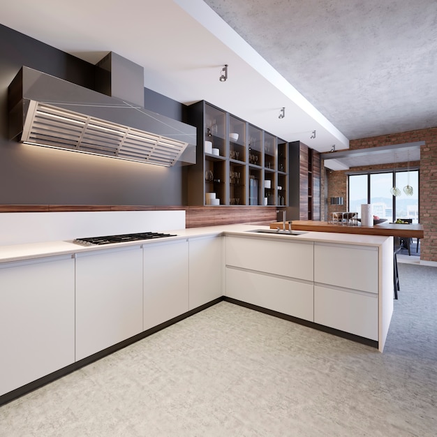 Stijlvol keukeninterieur met moderne kasten in nieuw huis. ontwerp in Scandinavische stijl. eten koken. houten werkblad, spoelbak en fornuis. 3D-rendering