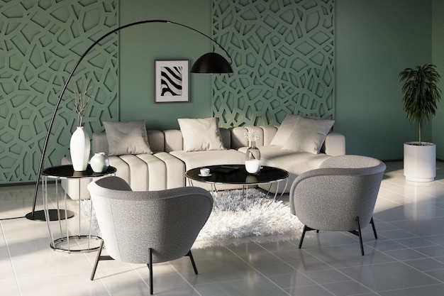 Foto stijlvol luxe gezellig interieur van modern appartement met eenvoudig eigentijds zacht licht beige meubilair zwarte lamp en salontafels en mooie pastelgroene muren overdag met zonnestralen in de woonkamer