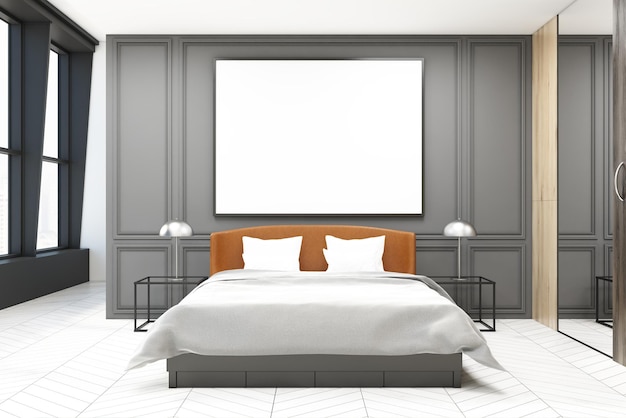 Stijlvol master slaapkamer interieur met grijze muren, een wit bed met twee nachtkastjes en een betonnen vloer.