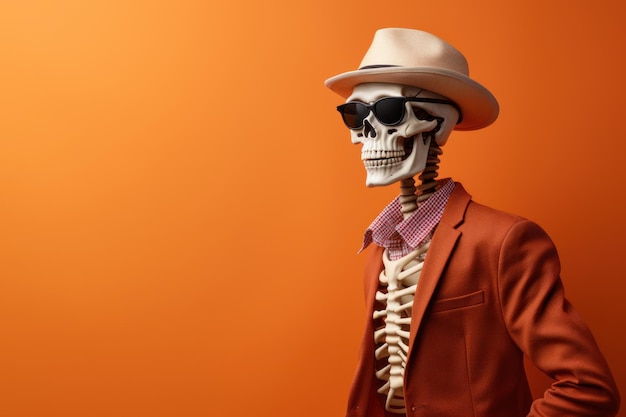 Stijlvol menselijk skeletmodel dat poseert in trendy kleding, brillen en hoed Modieus skelet gekleed in oranje rode kleding tegen een oranje achtergrond met kopieerruimte Closeup