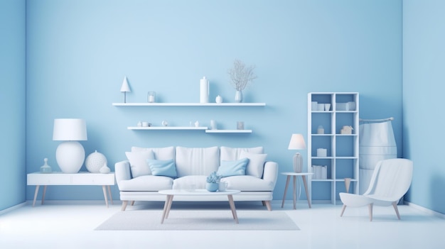 Stijlvol minimalistisch zwart-wit interieur van moderne, gezellige woonkamer in witte en pastelblauwe tinten