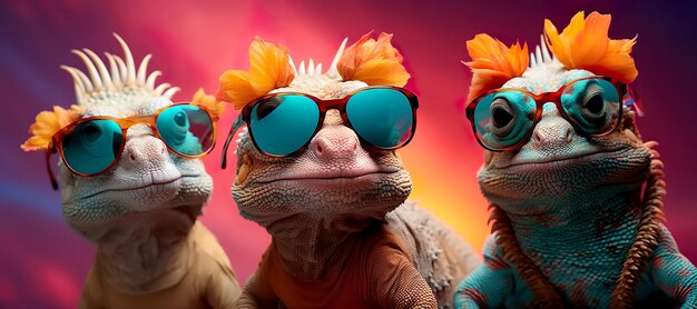 Foto stijlvol portret van drie chameleons met een zonnebril een heldere achtergrond met een gradiënt generatieve ai