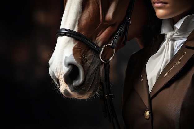 Stijlvol portret van een vrouwelijke paardrijder met haar paard Gesneden foto Closeup