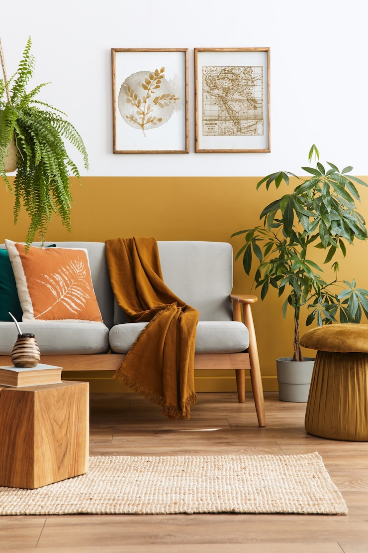 Foto stijlvol scandinavisch interieur van woonkamer met grijze fluwelen designbank, kubus, meubels, planten, tapijt, decoratie en posterframes.