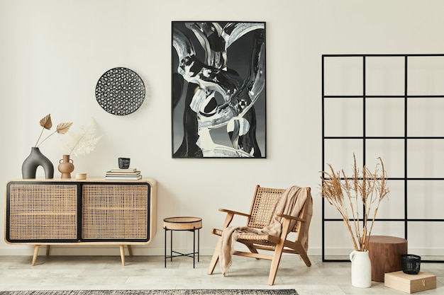 Stijlvol scandinavisch woonkamerinterieur van modern appartement met houten commode, designfauteuil, tapijt, abstracte schilderijen aan de muur en persoonlijke accessoires in uniek interieur..