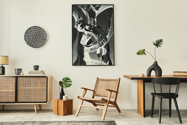 Stijlvol scandinavisch woonkamerinterieur van modern appartement met houten commode, designtafel, stoelen, tapijt, abstracte schilderijen aan de muur en persoonlijke accessoires in een uniek interieur. Sjabloon.