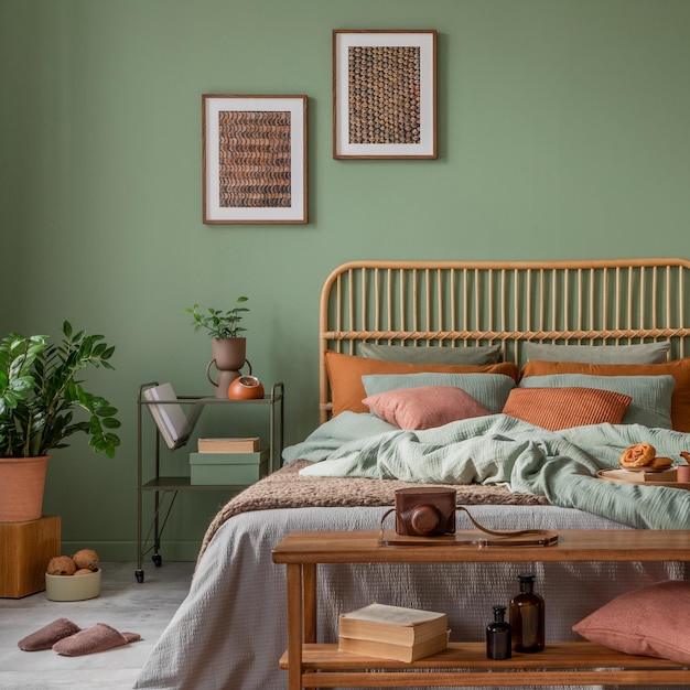 Stijlvol slaapkamerinterieur met mock-up posterframe bamboe bed nachtkastje planten kamerscherm en creatieve woonaccessoires Eucalyptus muur Sjabloon Kopieer ruimte