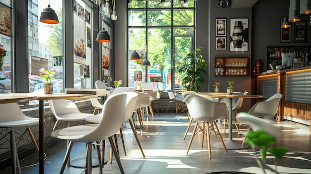 stijlvol stedelijk café-interieur met een minimalistisch decor en chique meubels die verfijning en moderniteit belichamen