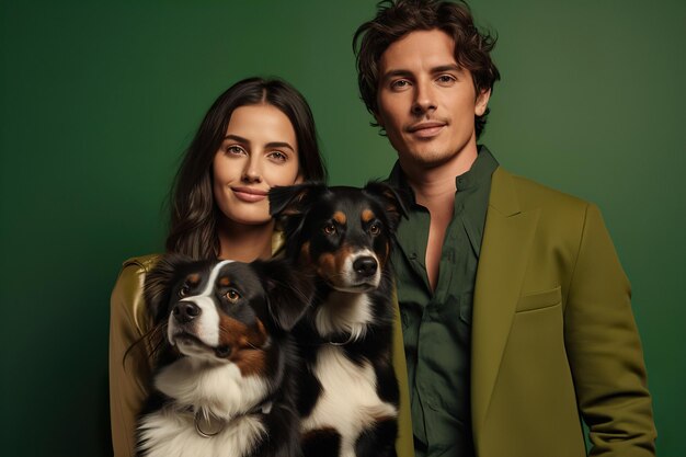 Stijlvol stel in trendy kleding met hun border collie tegen een moderne groene achtergrond