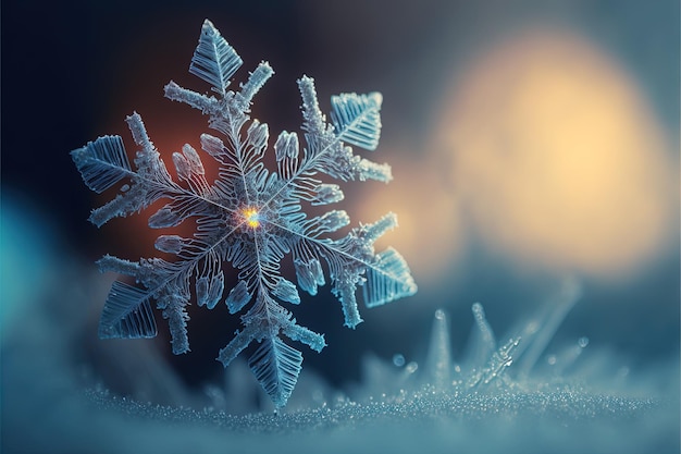 Stijlvol thema behang IJzige koude sneeuwvlok detail en bokeh mooie hoge resolutie foto winter sprookje sneeuw koude vorst onscherpe achtergrond macro gedetailleerd kerst kunst patroon AI