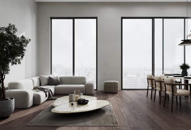 Foto stijlvol woonkamer interieur met grijze bank en eetkamer 3d rendering