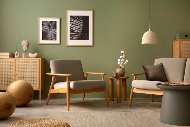 Stijlvol woonkamerinterieur met scandi fauteuil elegante commodes posterlijsten en accessoires ophangen Groene muur Sjabloon Kopieer ruimte