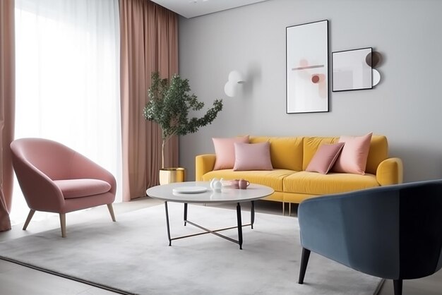 Stijlvol woonkamerinterieur van een modern appartement en trendy meubelplanten en elegante accessoires Home decor