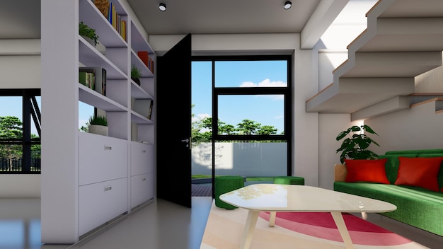 Stijlvol woonkamerinterieur van modern huisontwerp 3d illustratie
