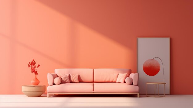 Stijlvol zwart-wit interieur van moderne, gezellige woonkamer in pastel oranje en roze tinten Trendy bank salontafel vloerlamp poster sjabloon Creatief huisontwerp Mockup 3D-rendering