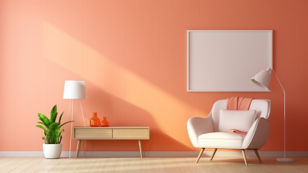 Stijlvol zwart-wit interieur van moderne, gezellige woonkamer in pastel oranje en roze tinten Trendy fauteuil commode poster sjabloon decoratieve plant Creatief huisontwerp Mockup 3D-rendering