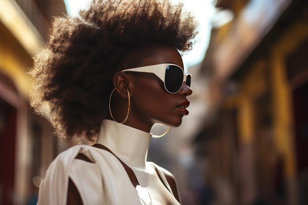 Stijlvolle afro-vrouw met zonnebril op stadsstraat stedelijke mode portret zomer levensstijl