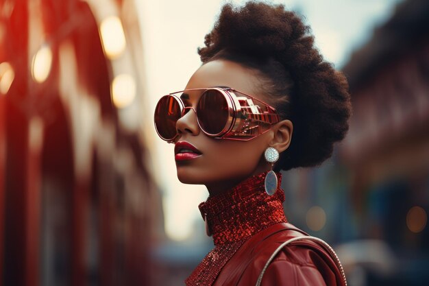 Stijlvolle afro-vrouw met zonnebril op stadsstraat stedelijke mode portret zomer levensstijl