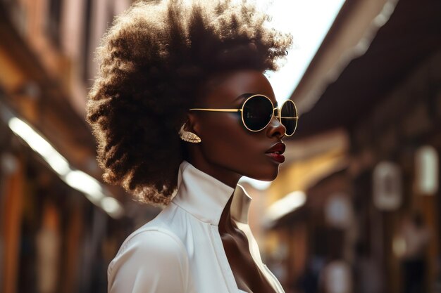 Foto stijlvolle afro-vrouw met zonnebril op stadsstraat urban fashion portret zomer levensstijl