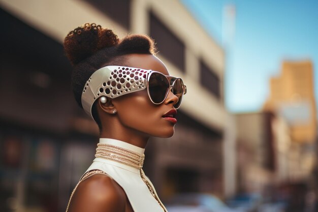 Foto stijlvolle afro-vrouw met zonnebril op stadsstraat urban fashion portret zomer levensstijl