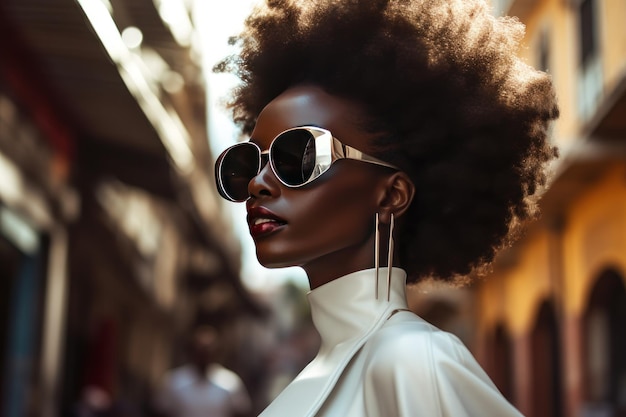 Stijlvolle Afro-vrouw met zonnebril op stadsstraat Urban fashion portret zomer levensstijl