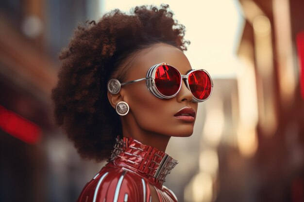 Stijlvolle Afro-vrouw met zonnebril op stadsstraat Urban fashion portret zomer levensstijl