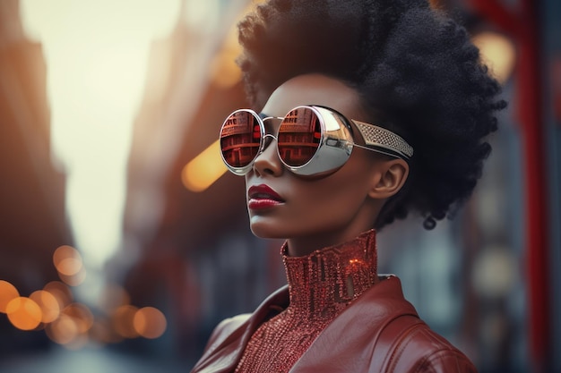 Stijlvolle Afro-vrouw met zonnebril op stadsstraat Urban fashion portret zomer levensstijl