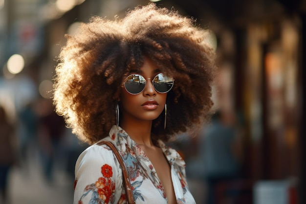 Stijlvolle Afro-vrouw met zonnebril op stadsstraat Urban fashion portret zomer levensstijl