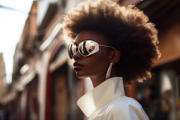 Stijlvolle Afro-vrouw met zonnebril op stadsstraat Urban fashion portret zomer levensstijl